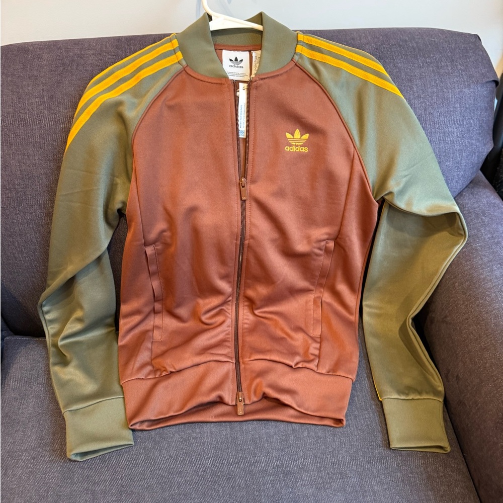 adidas Brown Track Jacket with Olive Trim and Yellow Logo